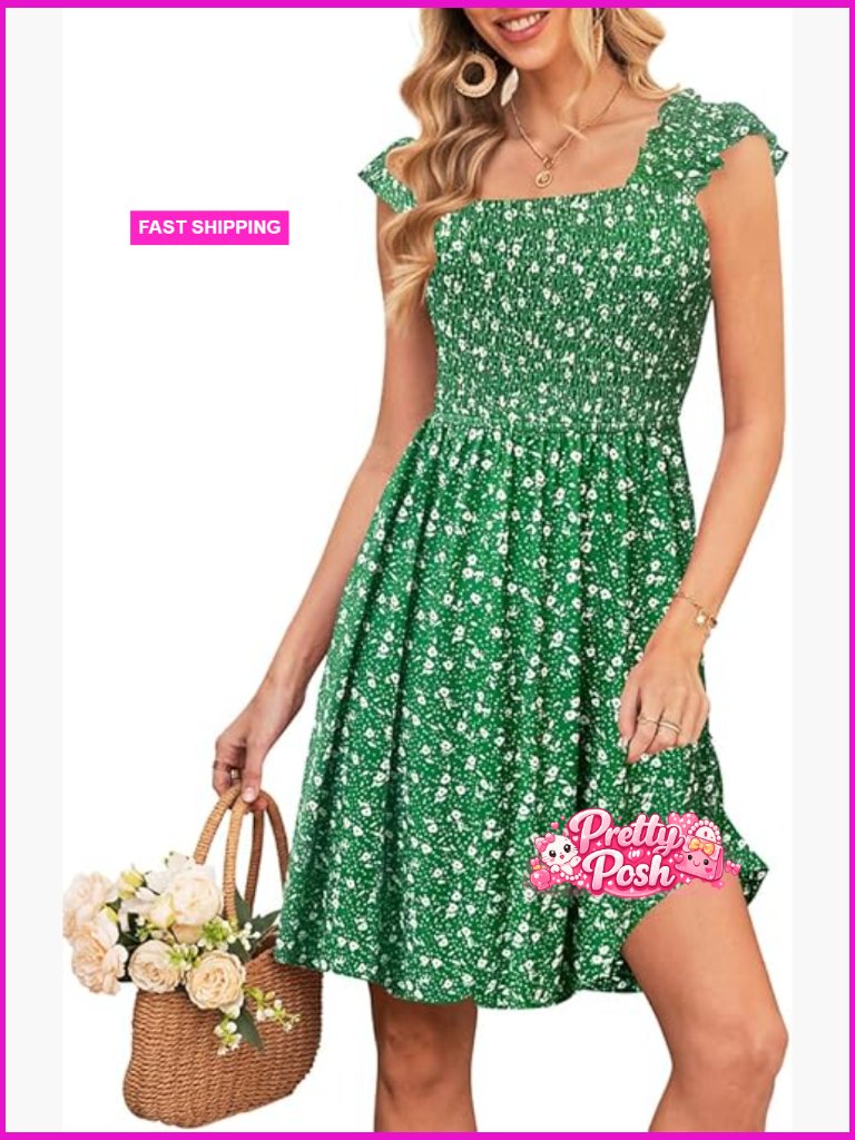 Square Neck Smocked Floral Sundress Lightweight Stretchy A-Line
